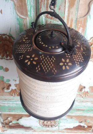 Bakır Askılı Körüklü Akordion Fener  - Çiçek Desenli Çap 14cm Y: 19cm