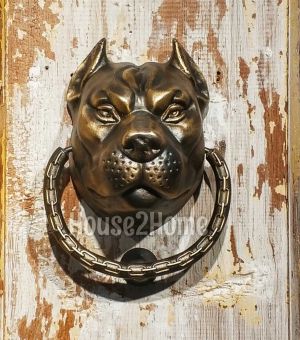 House2home El Yapımı Pirinç Pitbull Kapı Tokmağı Antik Sarı Büyük Boy