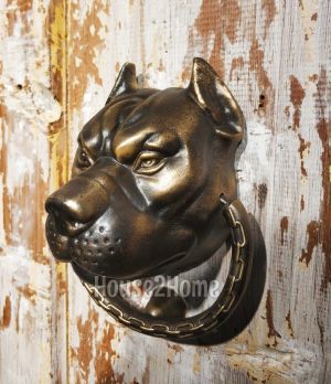 House2home El Yapımı Pirinç Pitbull Kapı Tokmağı Antik Sarı Büyük Boy