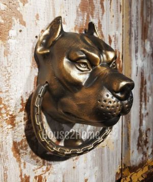 House2home El Yapımı Pirinç Pitbull Kapı Tokmağı Antik Sarı Büyük Boy