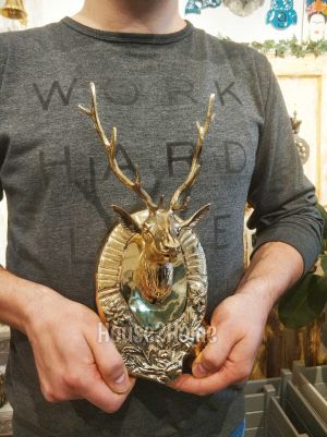 House2home El Yapımı Pirinç Geyik Başı - Trofe - Duvar Süsü 32cm.