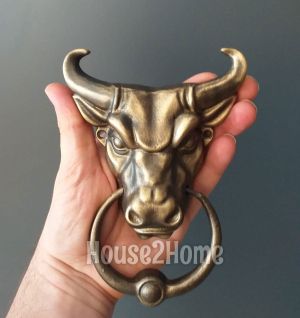 House2home El Yapımı Pirinç Boğa Kapı Tokmağı Antik Sarı Küçük Boy