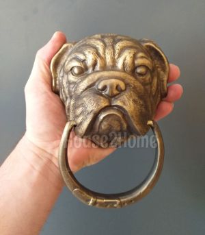 House2home El Yapımı Pirinç Buldoğ Köpek Kapı Tokmağı Antik Sarı