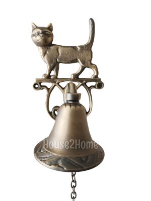 House2Home El Yapımı Pirinç Kedi Kapı Çanı,Kapı Zili,Antik Sarı