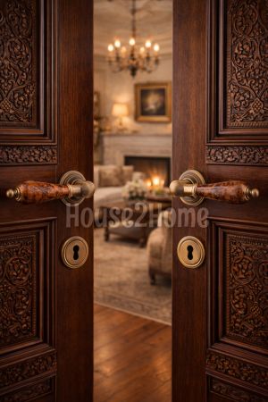 House2home El Yapımı Pirinç Porselen Porselen Üzeri Maun Kaplama Rozetli Kapı Kolu Takımı