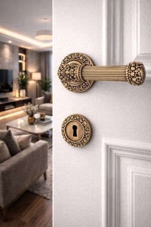 House2home El Yapımı Pirinç İşlemeli  Rozetli Kapı Kolu Takımı