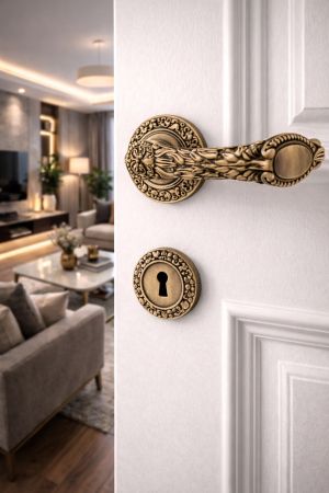 House2home El Yapımı Pirinç İşlemeli  Rozetli Kapı Kolu Takımı