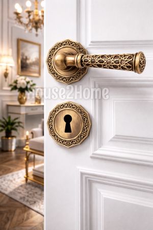 House2home El Yapımı Pirinç İşlemeli  Rozetli Kapı Kolu Takımı