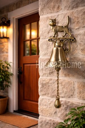House2Home El Yapımı Pirinç Kedi Kapı Çanı,Kapı Zili,Antik Sarı