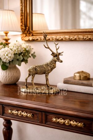 House2home El Yapımı Pirinç  Kaideli Büyük Geyik Biblo