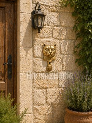 House2Home El Yapımı Pirinç Kedi Kapı Zili Antik Sarı